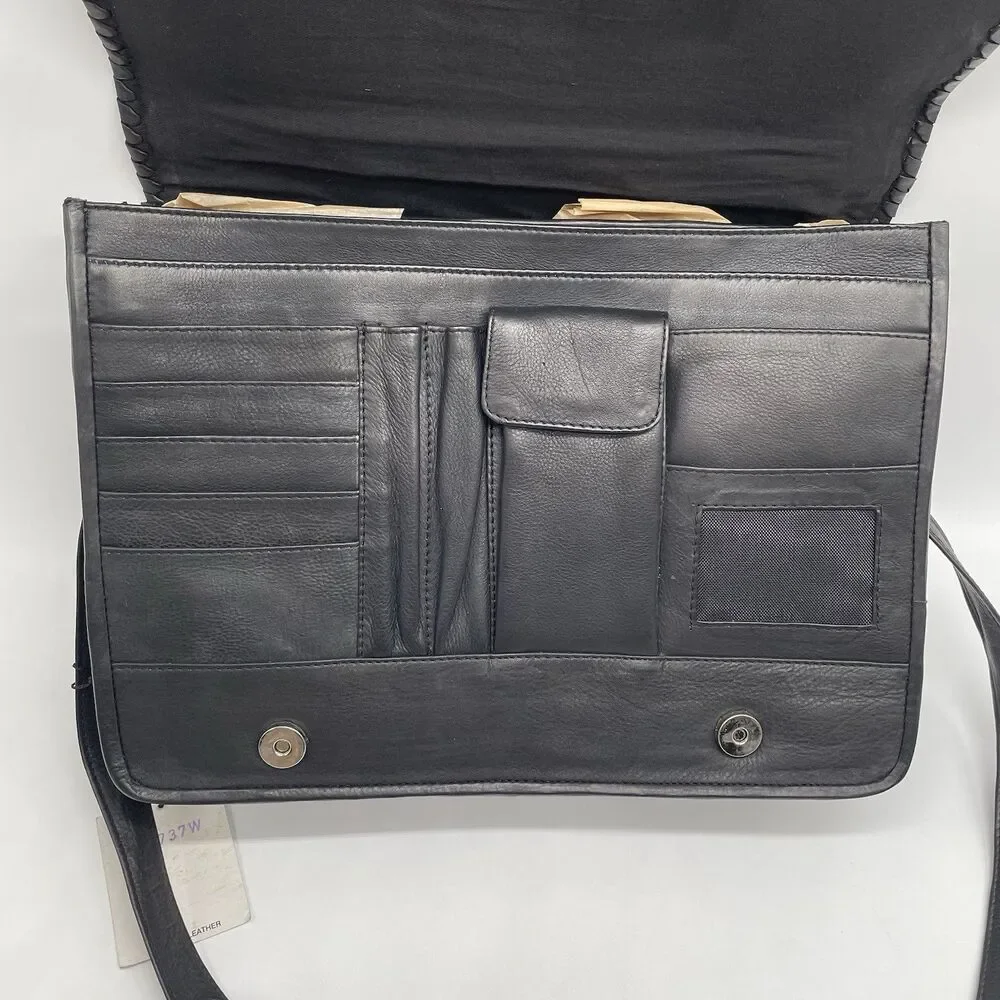 B-Bags Barganza Leather Messenger Bag Black Briefcase 8737W NWT 13x9.5x5